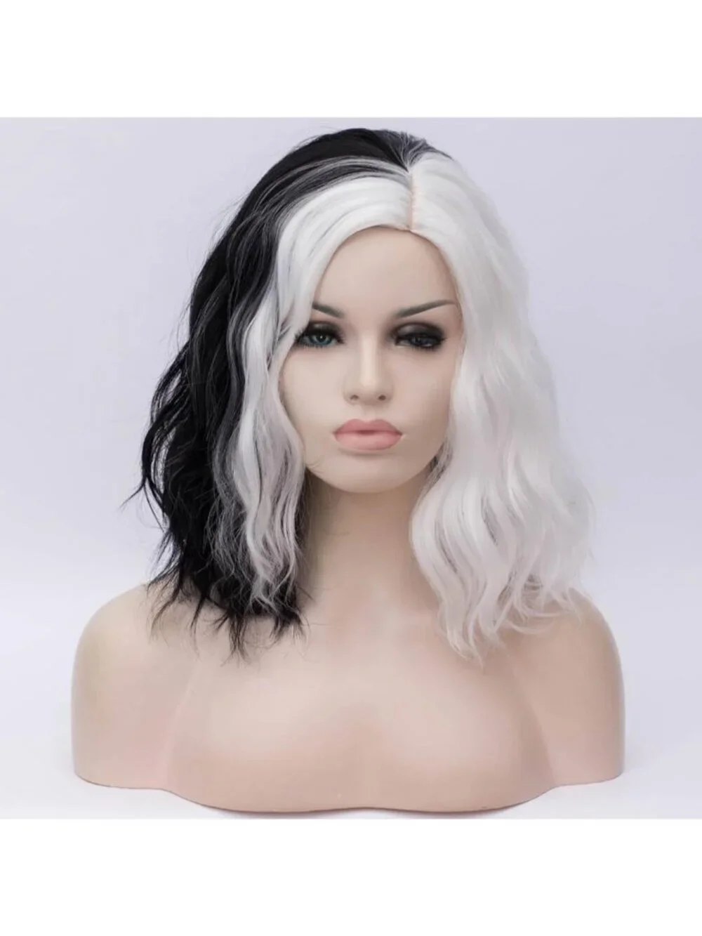 Women's Black White Wavy Curly Bob Wig Heat Resistant Cosplay Halloween Party
